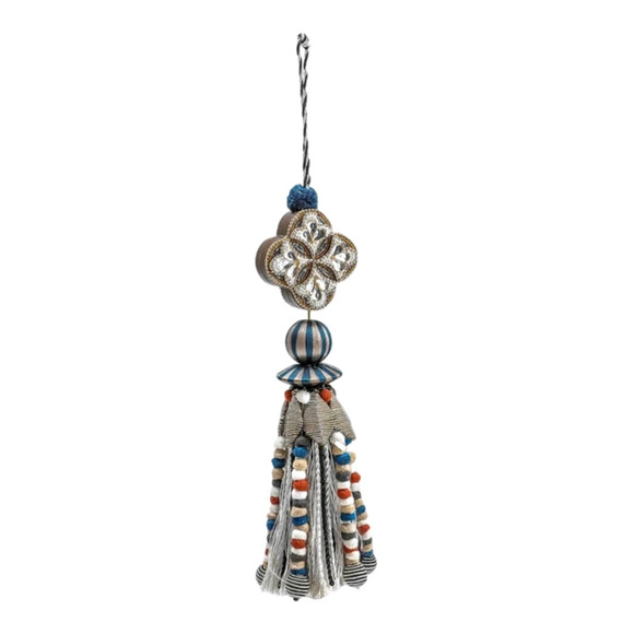MACKENZIE-CHILDS Cobblestone Beaded Tassel Handmade Home Decor Silver Blue NEW - Picture 2 of 3